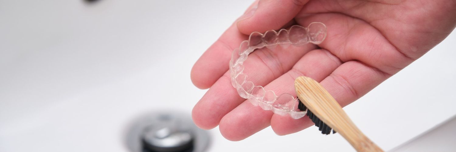 close up of someone brushing their invisalign braces with a soft brush | La Belle Dental Clinic